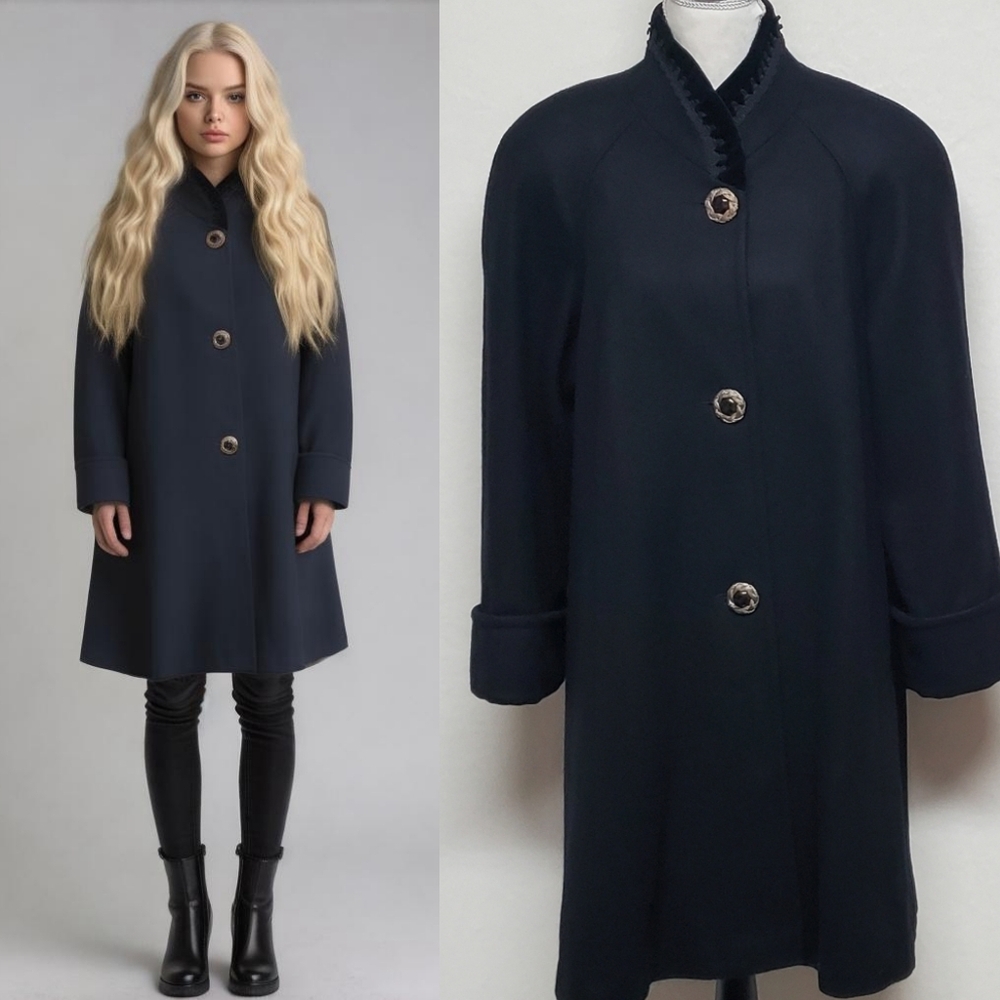 80s Vintage Victorian Jofeld De Ball Black Wool Velvet Mandarin Collar Overcoat
